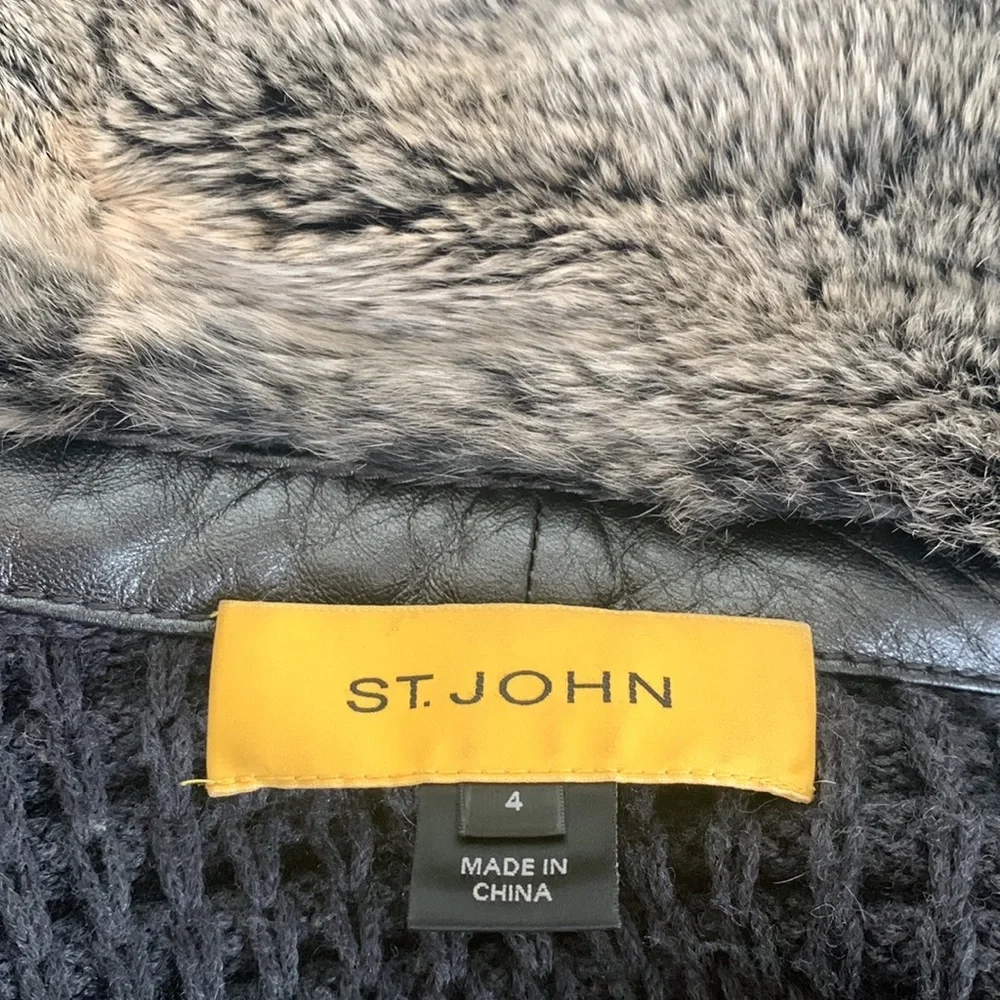 ST. JOHN Designer fur Coat Jacket Leather Wool Rabbit Gray S 4 6 Luxury - Picture 8 of 14